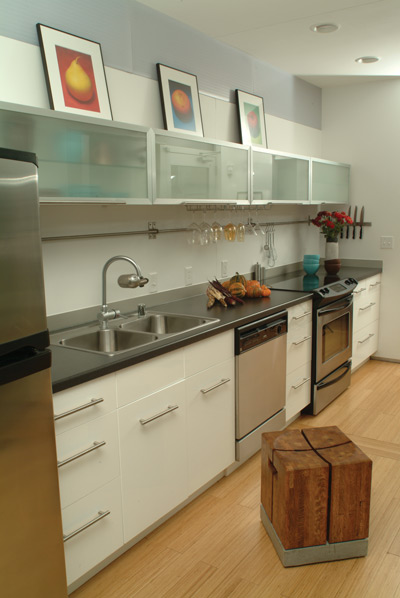 The galley kitchen, with its sleek, modern feel, is Kenny’s favorite part of the house. The layout works well with the home’s open floorplan while providing plenty of counter and storage space.
